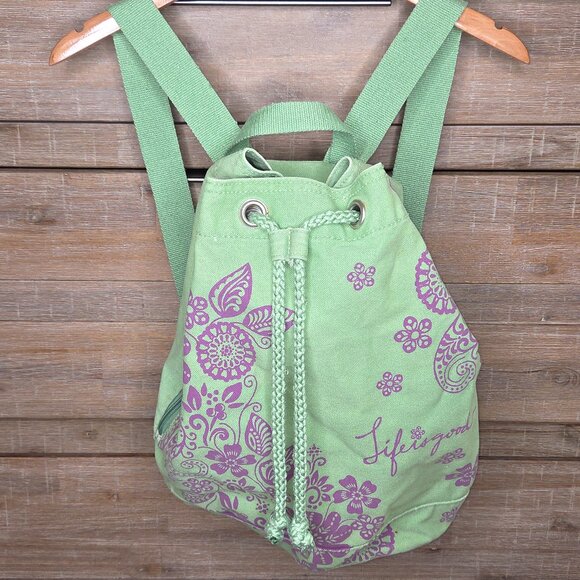 Life Is Good Green Purple Floral Canvas Drawstring Cinch Sack Backpack Bag - Picture 1 of 6